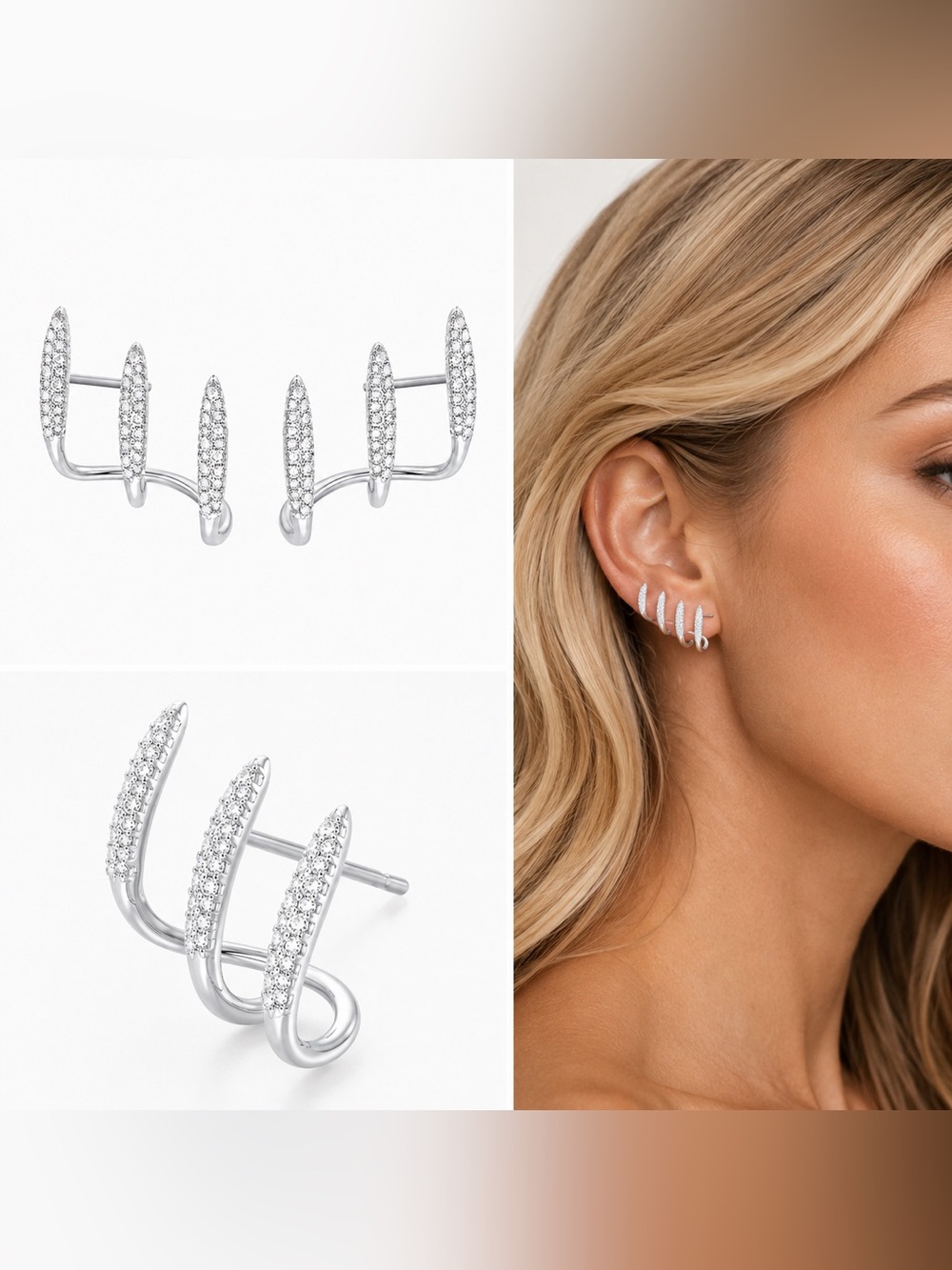 Silver Pave Crystal Triple Bar Ear Climber Stud Earrings 925 Sterling Silver